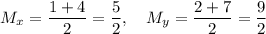 M_x = \dfrac{1+4}{2} = \dfrac{5}{2},\quad M_y = \dfrac{2+7}{2} = \dfrac{9}{2}