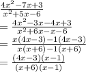 \frac{4x^2-7x+3} {x^{2}+5x-6}\\=\frac{4x^2-3x-4x+3} {x^{2}+6x-x-6}\\=\frac{x(4x-3)-1(4x-3)} {x(x+6)-1(x+6)}\\=\frac{(4x-3)(x-1)} {(x+6)(x-1)}