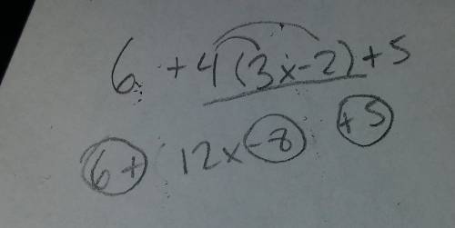 Which answer correctly uses the distributive property to simplify the expression 6+4(3x-2)+5