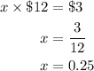 \begin{aligned}x \times\$12&=\$3\\x&=\dfrac{3}{12}\\x&=0.25\end{aligned}