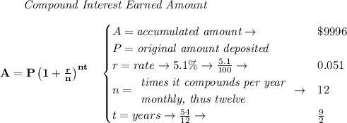 \bf \qquad \textit{Compound Interest Earned Amount}&#10;\\\\&#10;A=P\left(1+\frac{r}{n}\right)^{nt}&#10;\quad &#10;\begin{cases}&#10;A=\textit{accumulated amount}\to &\$9996\\&#10;P=\textit{original amount deposited}\\&#10;r=rate\to 5.1\%\to \frac{5.1}{100}\to &0.051\\&#10;n=&#10;\begin{array}{llll}&#10;\textit{times it compounds per year}\\&#10;\textit{monthly, thus twelve}&#10;\end{array}\to &12\\&#10;t=years\to \frac{54}{12}\to &\frac{9}{2}&#10;\end{cases}
