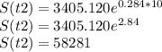 S (t2) = 3405.120e^{0.284*10}\\S (t2) = 3405.120e^{2.84}\\S (t2) = 58281