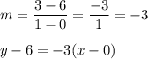 m=\dfrac{3-6}{1-0}=\dfrac{-3}{1}=-3\\\\y-6=-3(x-0)