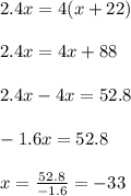 2.4x=4(x+22)\\ \\ 2.4x=4x+88\\ \\ 2.4x-4x=52.8\\ \\ -1.6x=52.8\\ \\ x=\frac{52.8}{-1.6}=-33