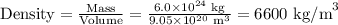 \text{Density} = \frac{\text{Mass}}{\text{Volume}} = \frac{6.0 \times 10^{24}\text{ kg}}{9.05 \times 10^{20} \text{ m}^{3}} = \text{6600 kg/m}^{3}\\
