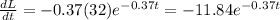 \frac{dL}{dt} = -0.37(32)e^{-0.37t} = -11.84e^{-0.37t}