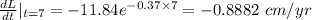\frac{dL}{dt}|_{t=7} =-11.84e^{-0.37 \times 7} = -0.8882 \,\, cm/yr