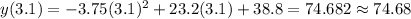 y(3.1)=-3.75(3.1)^2+23.2(3.1)+38.8=74.682 \approx 74.68