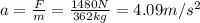 a=\frac{F}{m}=\frac{1480 N}{362 kg}=4.09 m/s^2