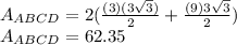 A_{ABCD}=2(\frac{(3)(3\sqrt{3})}{2}+\frac{(9)3\sqrt{3}}{2})\\A_{ABCD}=62.35