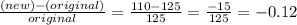 \frac{(new) - (original)}{original} = \frac{110 - 125}{125} = \frac{-15}{125} = -0.12