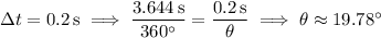 \Delta t=0.2\,\mathrm s\implies\dfrac{3.644\,\mathrm s}{360^\circ}=\dfrac{0.2\,\mathrm s}\theta\implies\theta\approx19.78^\circ