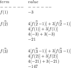 \bf \begin{array}{llll}&#10;term&value\\&#10;------&------\\&#10;f(1)&-3\\\\&#10;f(\stackrel{n}{2})&4[f(\stackrel{n}{2}-1)]+3[f(\stackrel{n}{2}-1)]\\&#10;&4[f(1)]+3[f(1)]\\&#10;&4(-3)+3(-3)\\&#10;&-21\\\\&#10;f(\stackrel{n}{3})&4[f(\stackrel{n}{3}-1)]+3[f(\stackrel{n}{3}-1)]\\&#10;&4[f(2)]+3[f(2)]\\&#10;&4(-21)+3(-21)\\&#10;&-147\\\\&#10;\end{array}