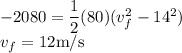 -2080=\dfrac{1}{2}(80)(v^2_f-14^2)\\v_f=12\rm m/s