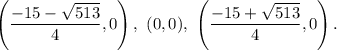 \left(\dfrac{-15-\sqrt{513} }{4},0\right),\ (0,0),\ \left(\dfrac{-15+\sqrt{513} }{4},0\right).