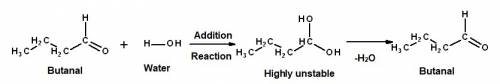 What is the product of an addition reaction between butanal, ch3−ch2−ch2−cho, and water?