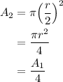 \begin{aligned}{A_2}&=\pi{\left({\frac{r}{2}}\right)^2}\\&=\frac{{\pi{r^2}}}{4}\\&=\frac{{{A_1}}}{4}\\\end{aligned}