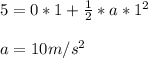5=0*1+\frac{1}{2} *a*1^2\\ \\ a=10m/s^2