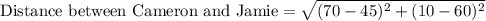 \text{Distance between Cameron and Jamie}=\sqrt{(70-45)^{2}+(10-60)^{2}}