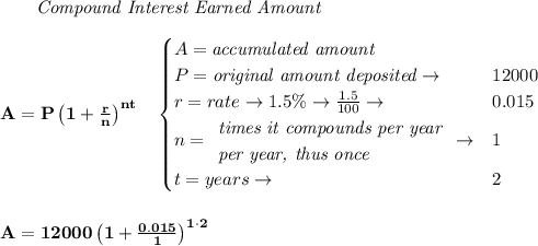 \bf \qquad \textit{Compound Interest Earned Amount}&#10;\\\\&#10;A=P\left(1+\frac{r}{n}\right)^{nt}&#10;\quad &#10;\begin{cases}&#10;A=\textit{accumulated amount}\\&#10;P=\textit{original amount deposited}\to &12000\\&#10;r=rate\to 1.5\%\to \frac{1.5}{100}\to &0.015\\&#10;n=&#10;\begin{array}{llll}&#10;\textit{times it compounds per year}\\&#10;\textit{per year, thus once}&#10;\end{array}\to &1\\&#10;t=years\to &2&#10;\end{cases}&#10;\\\\\\&#10;A=12000\left(1+\frac{0.015}{1}\right)^{1\cdot 2}