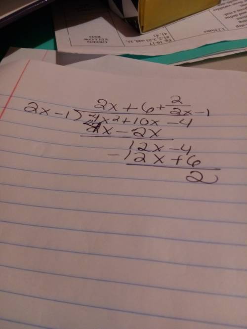 What is the remainder when the polynomial 4x^2+10x-4 is divided by 2x-1?