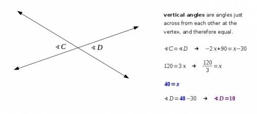 ∠c and  ∠d  are vertical angles with m∠c=−2x+90 and m∠d=x−30 . what is m∠d?