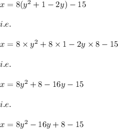 x=8(y^2+1-2y)-15\\\\i.e.\\\\x=8\times y^2+8\times 1-2y\times 8-15\\\\i.e.\\\\x=8y^2+8-16y-15\\\\i.e.\\\\x=8y^2-16y+8-15