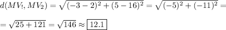 d(MV_!,MV_2)=\sqrt{(-3-2)^2+(5-16)^2}=\sqrt{(-5)^2+(-11)^2}=\\\\=\sqrt{25+121}=\sqrt{146}\approx\boxed{12.1}