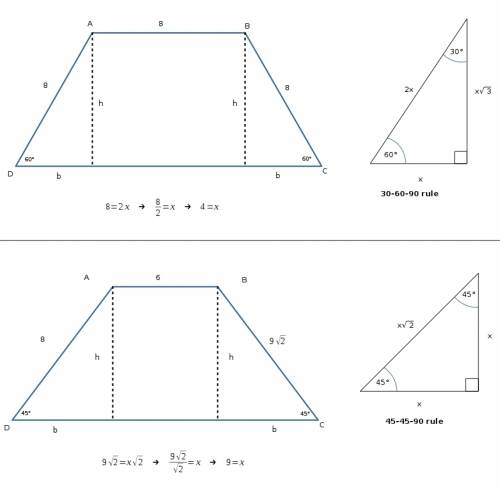 What is the area of a trapezoid abcd with bases ab and cd ,  1) if:  m∠c=m∠d=60°, ab = bc = 8 cm and