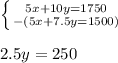 \left \{ {{5x+10y=1750} \atop {-(5x+7.5y=1500)}} \right. \\\\2.5y=250