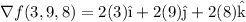 \displaystyle \nabla f(3, 9, 8) = 2(3) \hat{\i} + 2(9) \hat{\j} + 2(8) \hat{\text{k}}