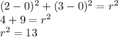(2-0)^2 + (3-0)^2 = r^2&#10;\\&#10;4+9 = r^2&#10;\\&#10;r^2 =13