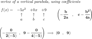 \bf \textit{ vertex of a vertical parabola, using coefficients}\\\\&#10;\begin{array}{lccclll}&#10;f(x) = &{{ -5}}x^2&{{ +0}}x&{{ +9}}\\&#10;&\uparrow &\uparrow &\uparrow \\&#10;&a&b&c&#10;\end{array}\qquad &#10;\left(-\cfrac{{{ b}}}{2{{ a}}}\quad ,\quad  {{ c}}-\cfrac{{{ b}}^2}{4{{ a}}}\right)&#10;\\\\\\&#10;\left( -\cfrac{0}{2(-5)}~~,~~9-\cfrac{0}{4(-5)} \right)\implies (0~~,~~9)