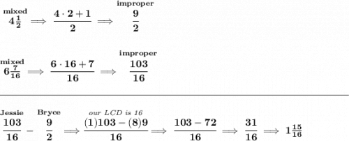 \bf \stackrel{mixed}{4\frac{1}{2}}\implies \cfrac{4\cdot 2+1}{2}\implies \stackrel{improper}{\cfrac{9}{2}}&#10;\\\\\\&#10;\stackrel{mixed}{6\frac{7}{16}}\implies \cfrac{6\cdot 16+7}{16}\implies \stackrel{improper}{\cfrac{103}{16}}&#10;\\\\[-0.35em]&#10;\rule{34em}{0.25pt}\\\\&#10;\stackrel{Jessie}{\cfrac{103}{16}}-\stackrel{Bryce}{\cfrac{9}{2}}\implies \stackrel{\textit{our LCD is 16}}{\cfrac{(1)103-(8)9}{16}}\implies \cfrac{103-72}{16}\implies \cfrac{31}{16}\implies 1\frac{15}{16}