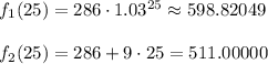 f_1(25)=286\cdot 1.03^{25}\approx 598.82049\\\\f_2(25)=286+9\cdot 25=511.00000