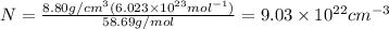 N=\frac{8.80 g/cm^{3}(6.023\times 10^{23} mol^{-1})}{58.69 g/mol}=9.03\times 10^{22} cm^{-3}