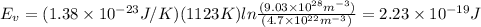 E_{v}=(1.38\times 10^{-23} J/K)(1123 K)ln\frac{(9.03\times 10^{28} m^{-3})}{(4.7\times 10^{22}m^{-3})}=2.23\times 10^{-19}J