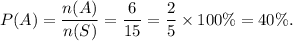 P(A)=\dfrac{n(A)}{n(S)}=\dfrac{6}{15}=\dfrac{2}{5}\times 100\%=40\%.