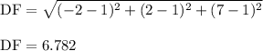 \rm DF= \sqrt{(-2-1 )^{2} + (2-1 )^{2} +(7-1)^{2} } \\\\\rm DF= 6.782