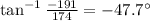 \tan^{-1}\frac{-191}{174}=-47.7^\circ