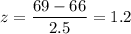 z=\dfrac{69-66}{2.5}=1.2