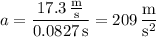 a=\dfrac{17.3\,\frac{\mathrm m}{\mathrm s}}{0.0827\,\mathrm s}=209\,\dfrac{\mathrm m}{\mathrm s^2}