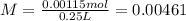 M=\frac{0.00115mol}{0.25L} = 0.00461