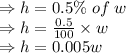 \Rightarrow h=0.5 \% \hspace{1mm} of \hspace{1mm} w\\ \Rightarrow h=\frac{0.5}{100}\times w\\ \Rightarrow h=0.005w