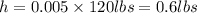 h = 0.005\times120lbs=0.6lbs