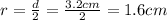 r=\frac{d}{2}=\frac{3.2 cm}{2}=1.6 cm