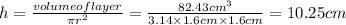 h=\frac{volume of layer}{\pi r^{2}}=\frac{82.43 cm^{3}}{3.14\times 1.6 cm\times 1.6 cm}=10.25 cm