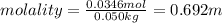 molality = \frac{0.0346mol}{0.050kg} = 0.692 m