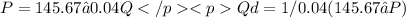 P = 145.67 – 0.04Q&#10;Qd= 1/0.04 (145.67 – P)&#10;