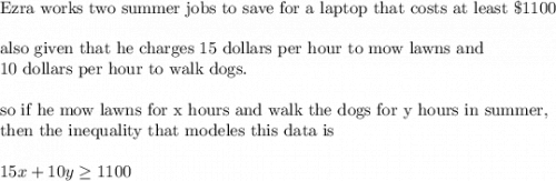 \\&#10;\text{Ezra works two summer jobs to save for a laptop that costs at least }\$1100\\&#10;\\&#10;\text{also given that he charges 15 dollars per hour to mow lawns and }\\&#10;\text{10 dollars per hour to walk dogs.}\\&#10;\\&#10;\text{so if he mow lawns for x hours and walk the dogs for y hours in summer,}\\&#10;\text{then the inequality that modeles this data is}\\&#10;\\&#10;15x+10 y \geq 1100